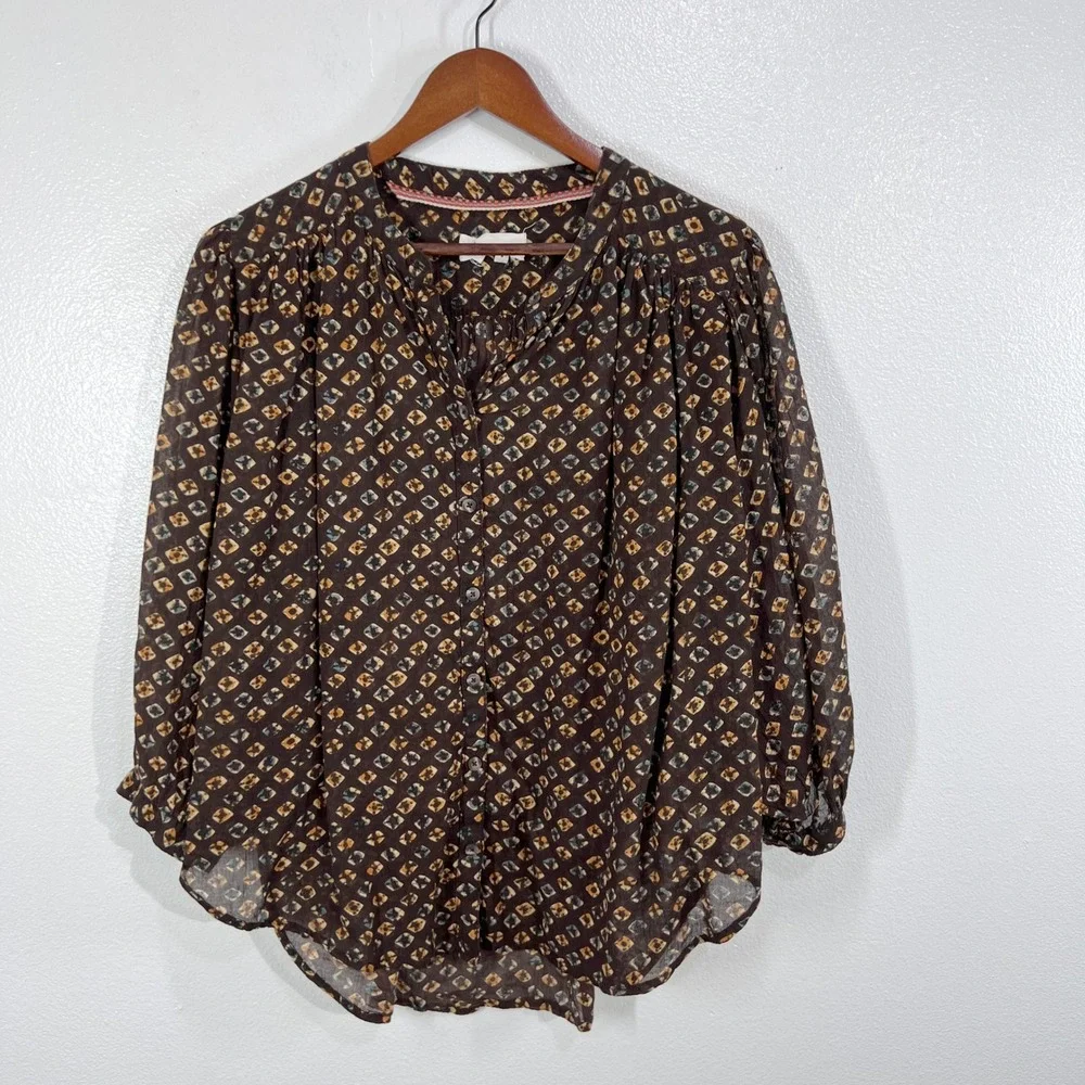 Anthropologie Boho Peasant Blouse M‎ Brown Geometric Print Cotton Sheer Batwing - Picture 2 of 12